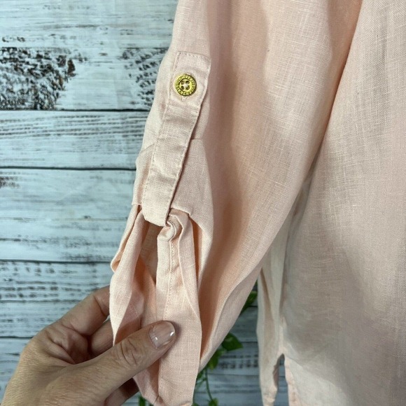 Ellen Tracy Company Tunic Blouse Large Peach Linen Sailor Beach Modest Church - Picture 8 of 13